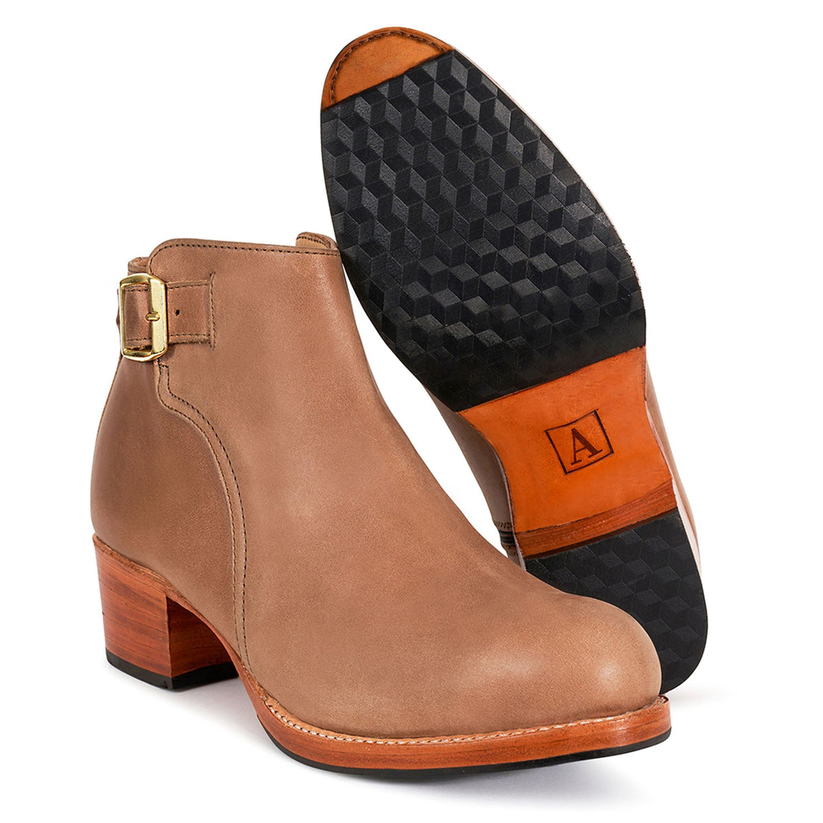 Adelante womens tan leather buckle bootie with adjustable strap, block heel, and textured rubber sole, available in wide widths