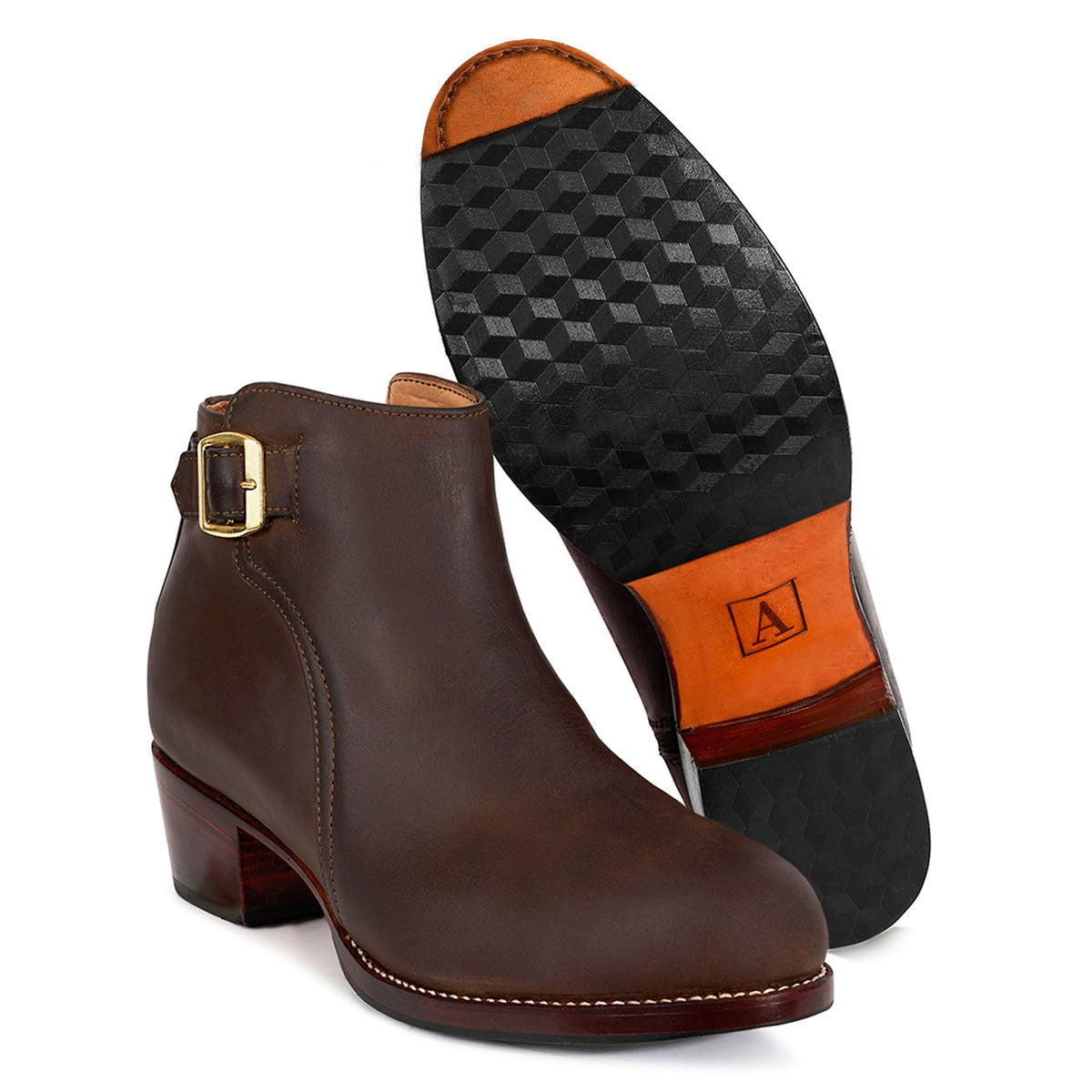Adelante women's brown buckle bootie with block heel and adjustable strap shown with textured sole