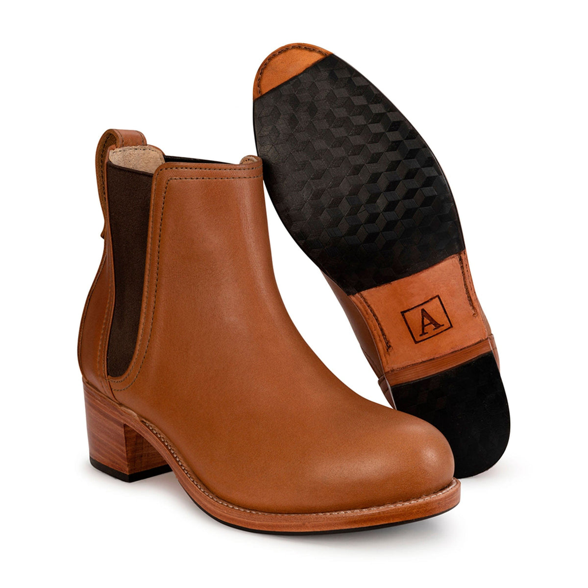 Women's EEE wide light brown leather heeled Chelsea boot, with the sole turned up, can be made in size 6