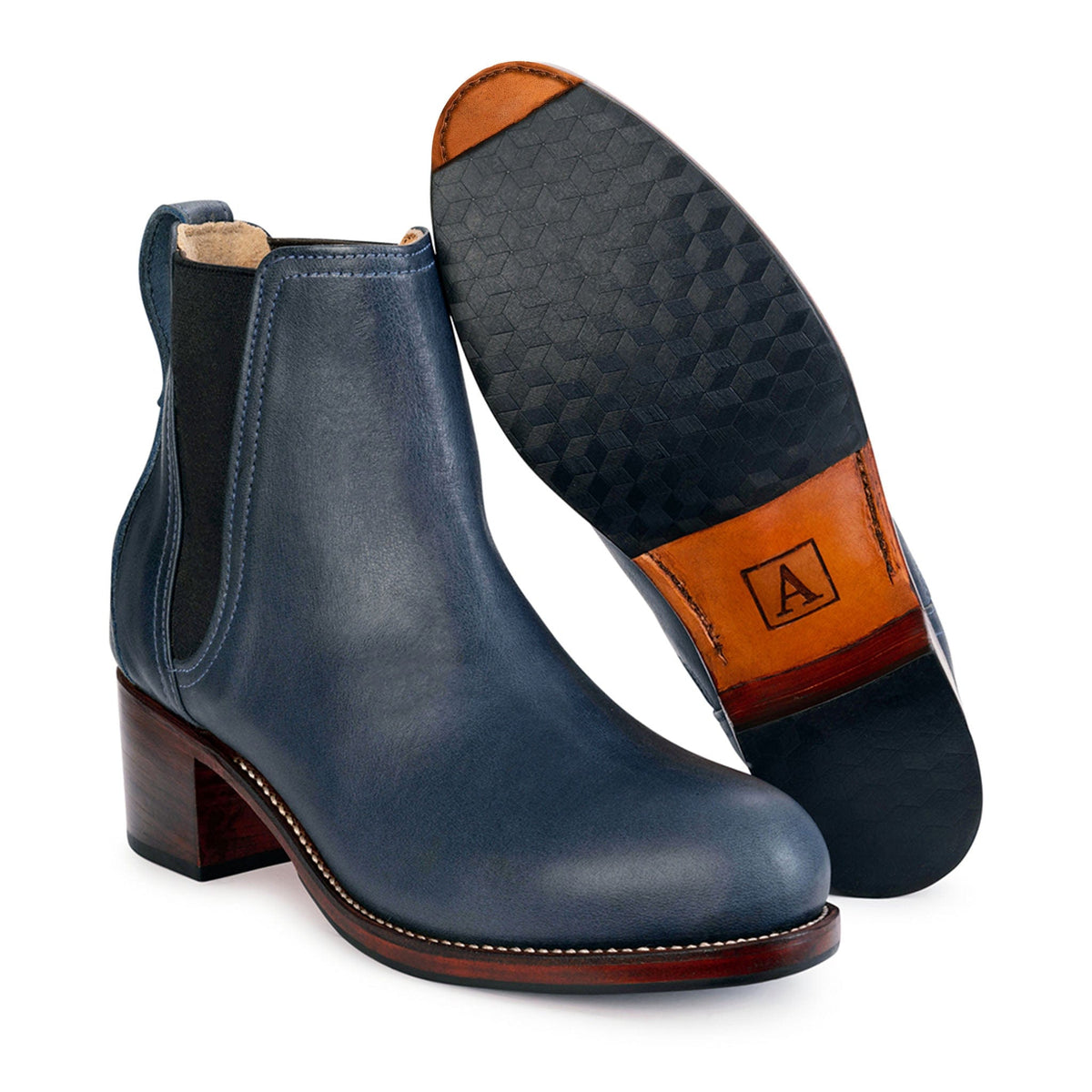 Women's 3E-wide blue leather heeled Chelsea boot, with the sole turned up, a size 13 is no problem – The Catalina