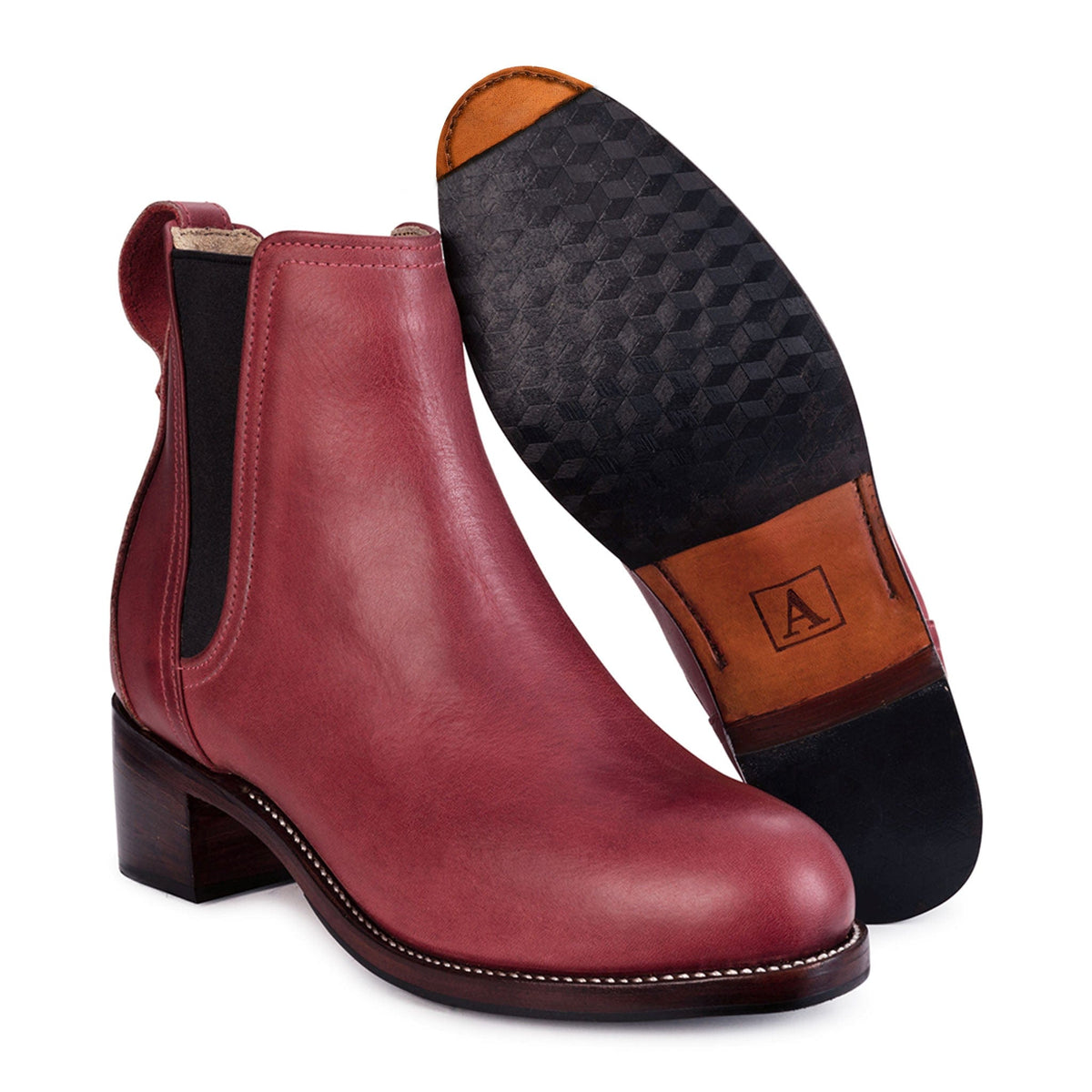 Women's 2E-wide red leather heeled Chelsea boot, with the sole turned up – The Catalina