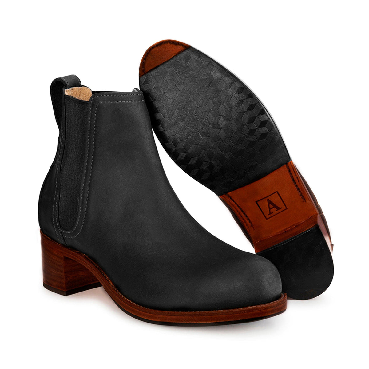Women's 2E-wide black leather heeled Chelsea boot, with the sole turned up, made to order in size 15 – The Catalina