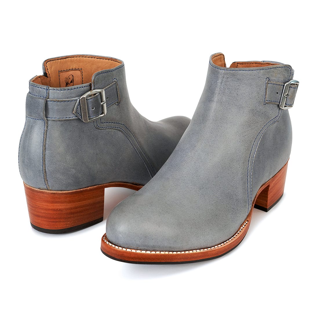 Gray womens buckle booties with block heels and adjustable ankle straps, available in wide widths from Adelante Shoes