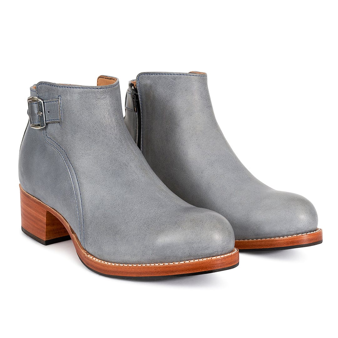 Gray women's buckle booties with side zippers and stacked block heels from Adelante Shoes available in wide widths