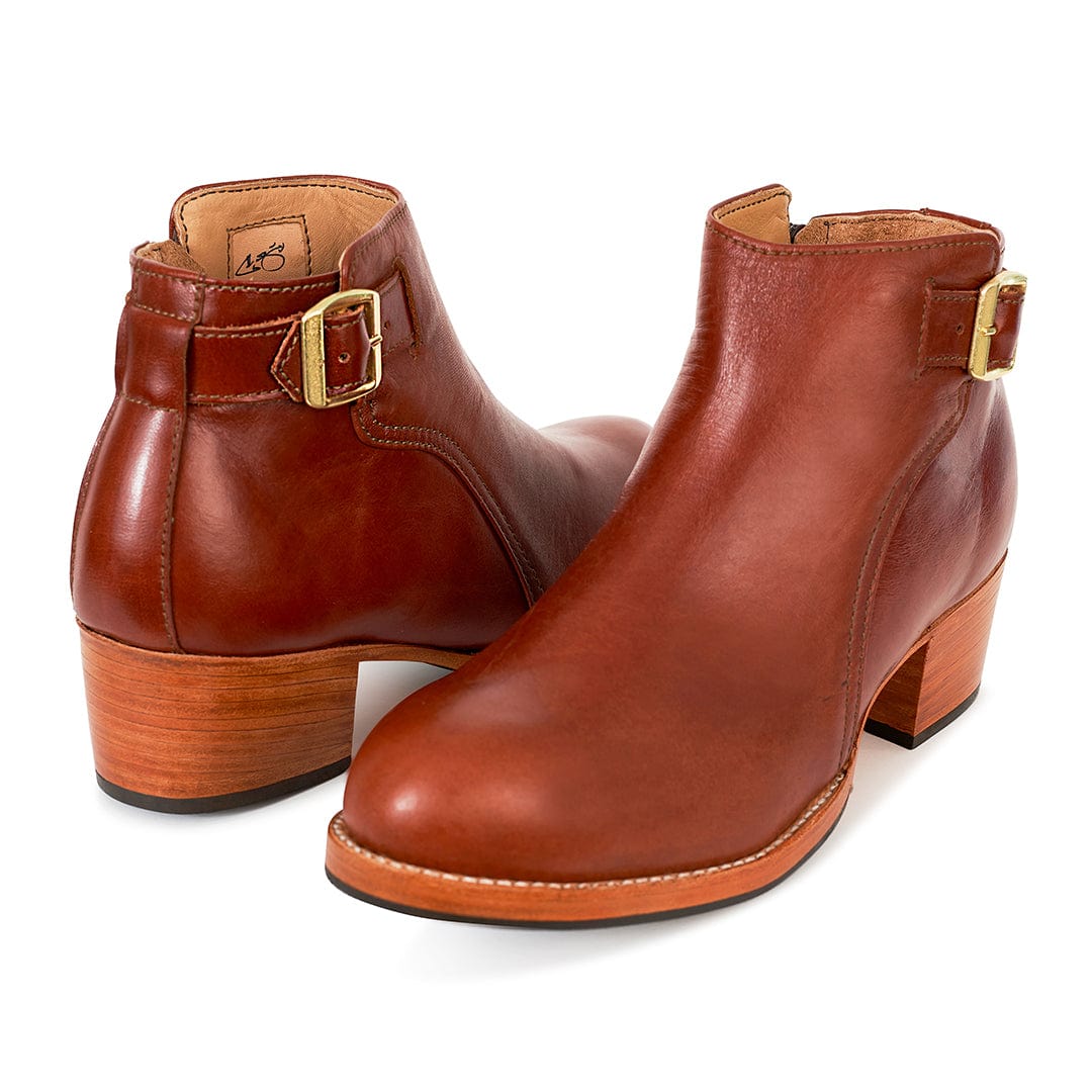 Brown women's buckle booties with block heels and adjustable straps available in narrow to extra wide widths from Adelante Made-To-Order