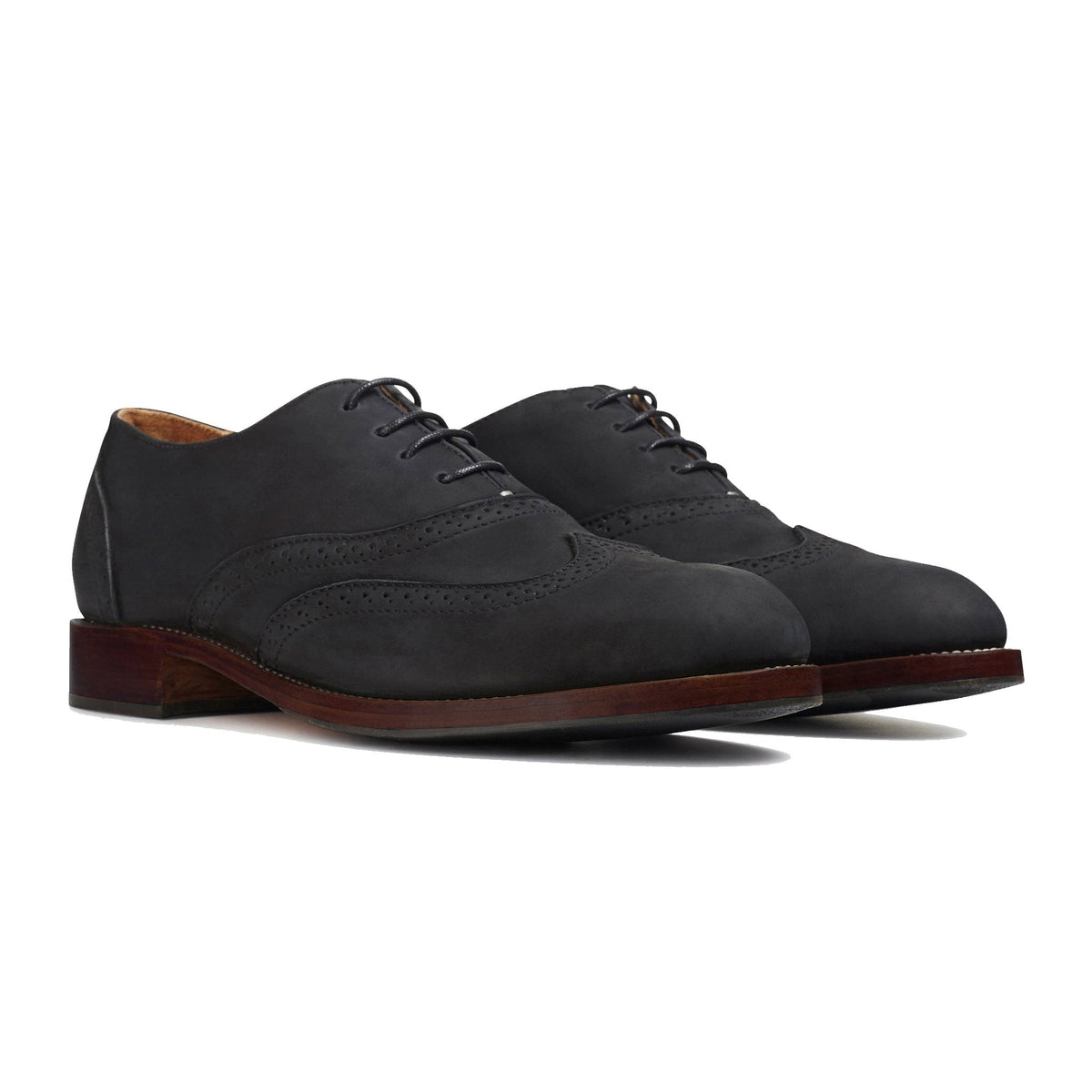 Pair of men's EEEEE extra-wide black leather oxfords, shown from the front at an angle, made to your exact length and width