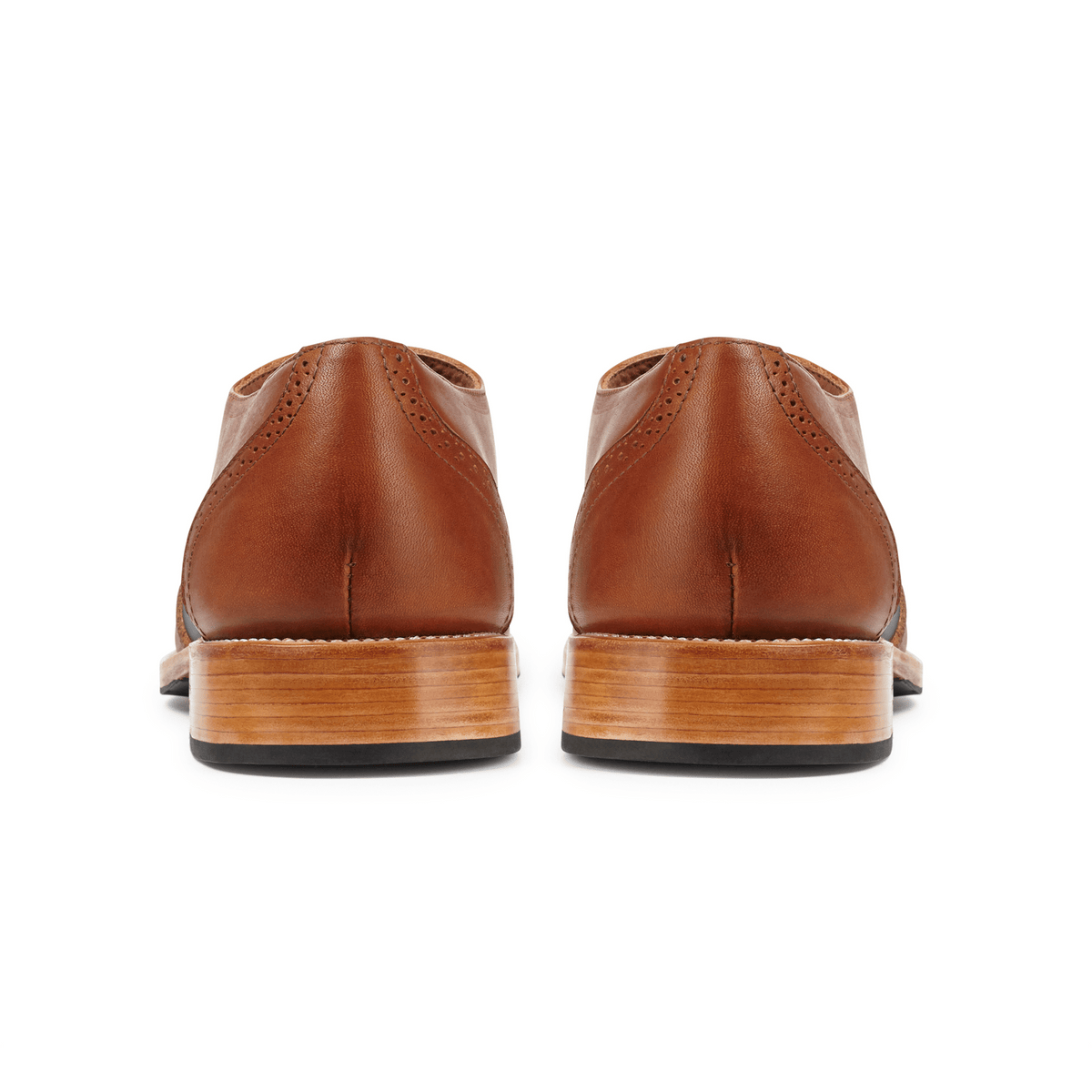 Men's extra-wide light brown and blue leather oxfords, seen from the back. Custom sizing on request – The Clásico