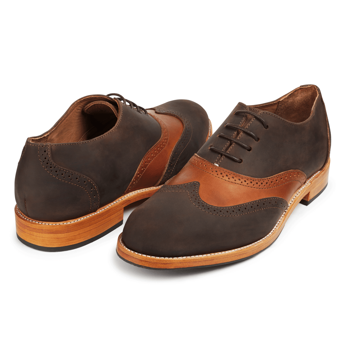 Men's EEEEE extra-wide light brown and dark brown leather oxfords, shown from the front at an angle. Crafted for wide and narrow feet