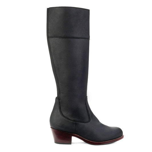 Women's EEE wide black leather riding boot, seen from the side, with split sizing for two different-sized feet – The Condesa