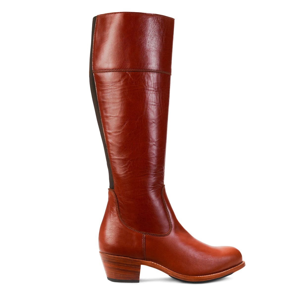 Adelante brown women's tall riding boot with a block heel and handcrafted construction for slim to extra wide calf widths