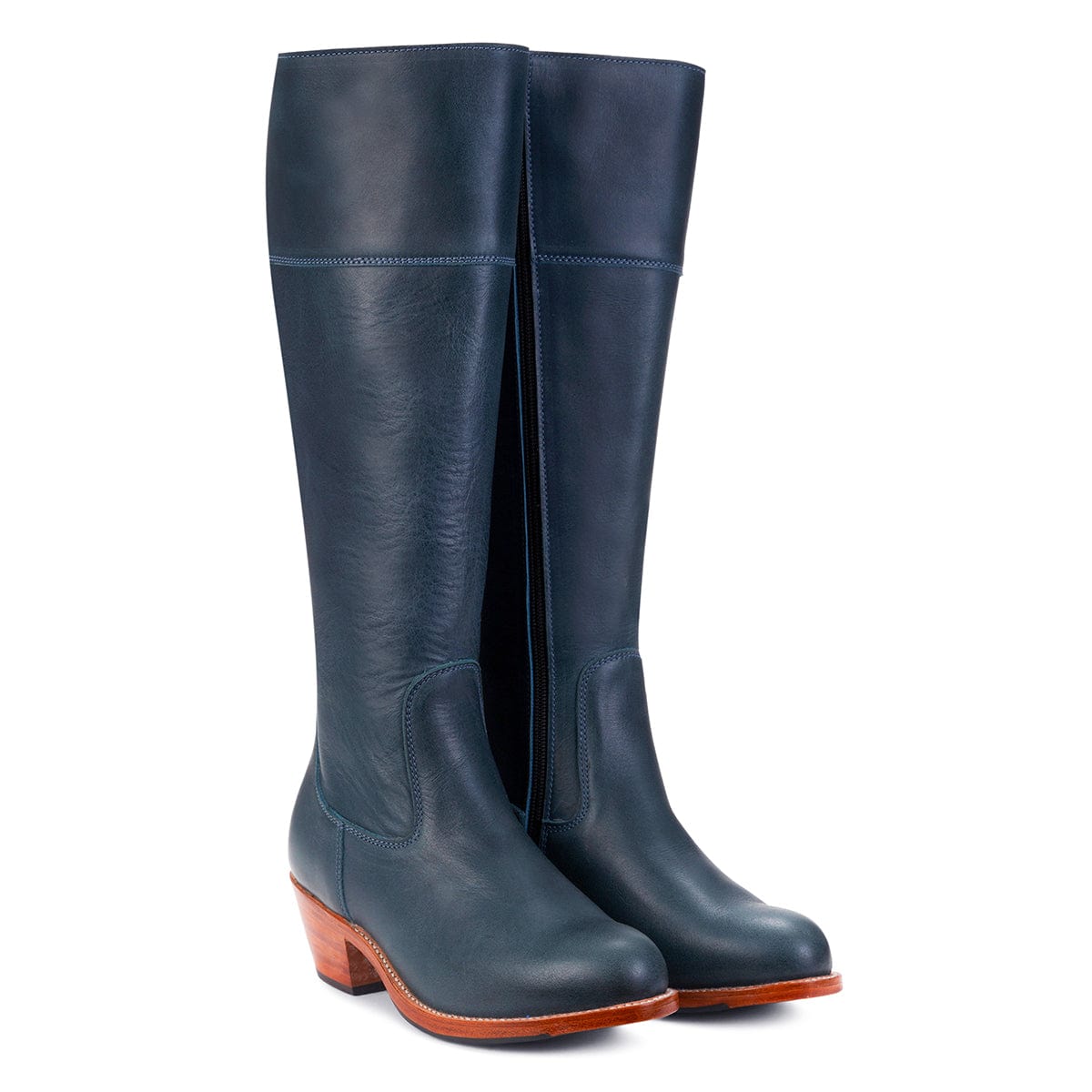 Women's dark navy knee high riding boots with wide calf options, handcrafted to order in extended sizes by Adelante Shoes