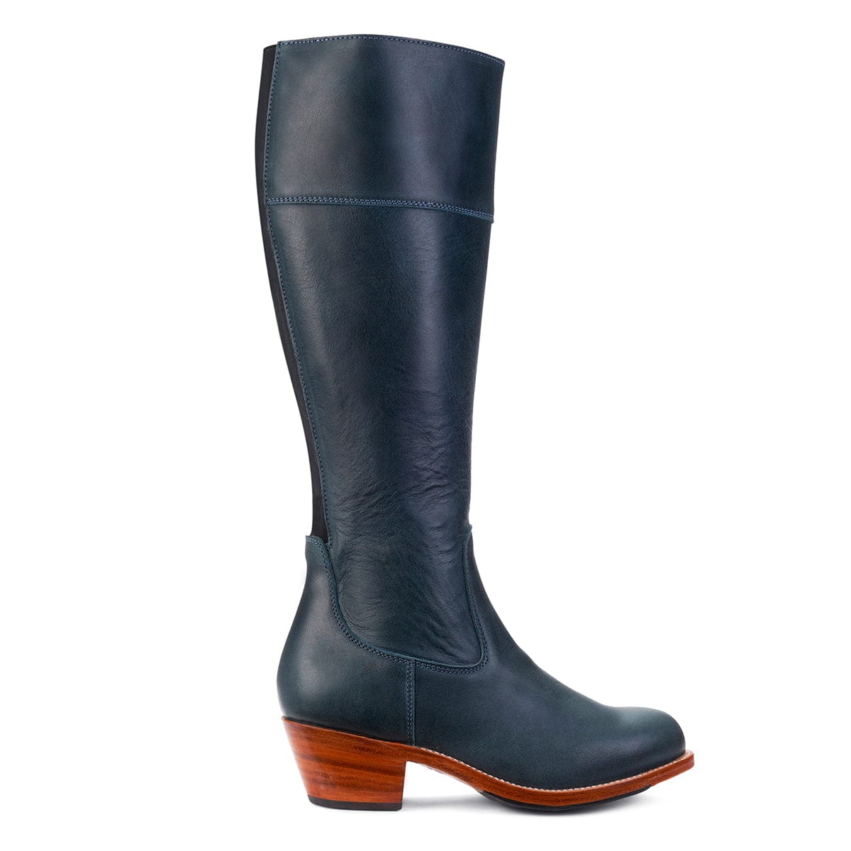 Adelante women's dark navy leather riding boot with tall shaft, wide calf options, and stacked heel