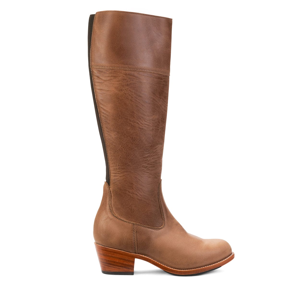Brown women's knee high riding boot with a block heel, handcrafted with customizable calf widths for a made to order fit