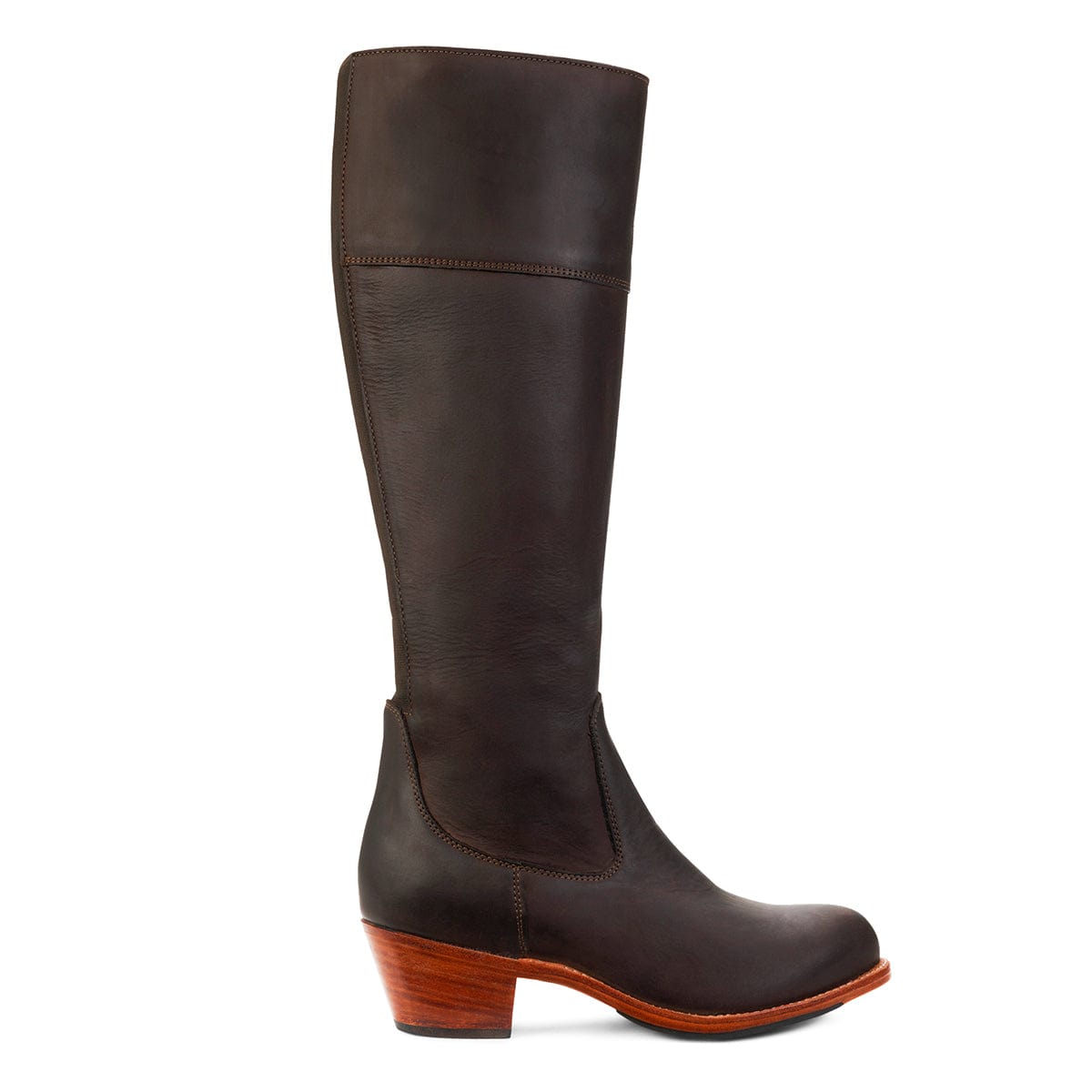 Dark brown women's knee-high riding boot with a stacked heel, handcrafted construction, and customizable wide calf fit by Adelante.