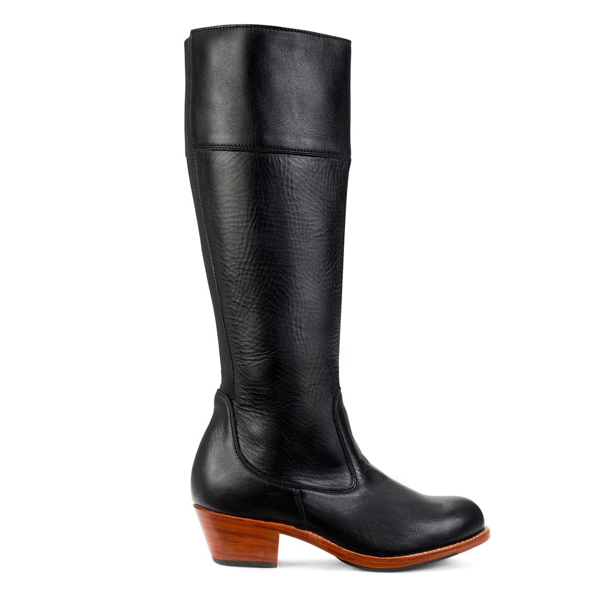 Black handcrafted leather women's riding boot with a stacked heel and customizable wide calf fit