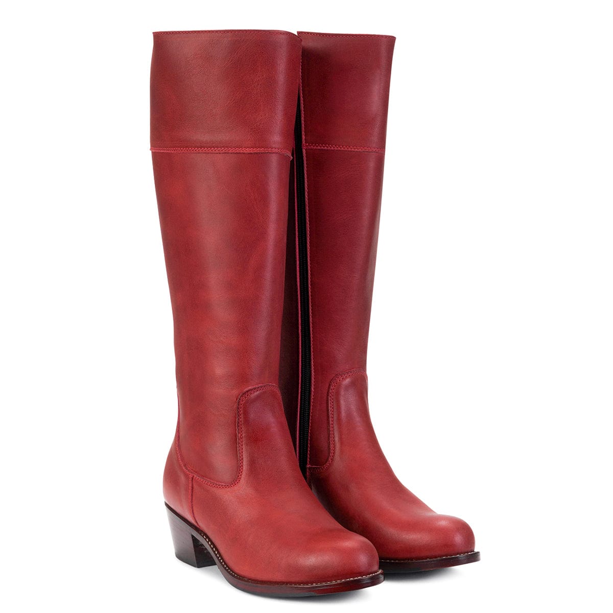 Handcrafted red women's knee high riding boots with low heels and wide calf options