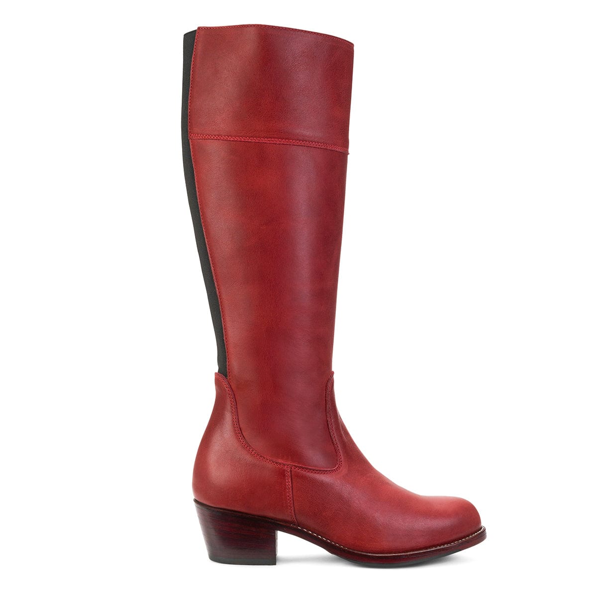 Red women's tall riding boot with a low heel and wide calf fit, handcrafted by Adelante artisans
