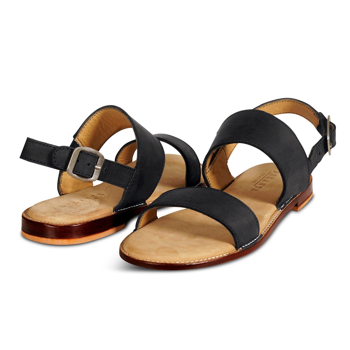 Women's 2E-wide black leather sandals, shown at an angle, available to order in size 14 – The Córdoba