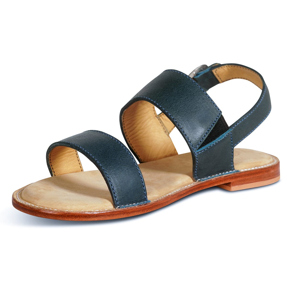 Women's 3E-wide blue leather sandal, shown at an angle, also made for size 13 feet – The Córdoba