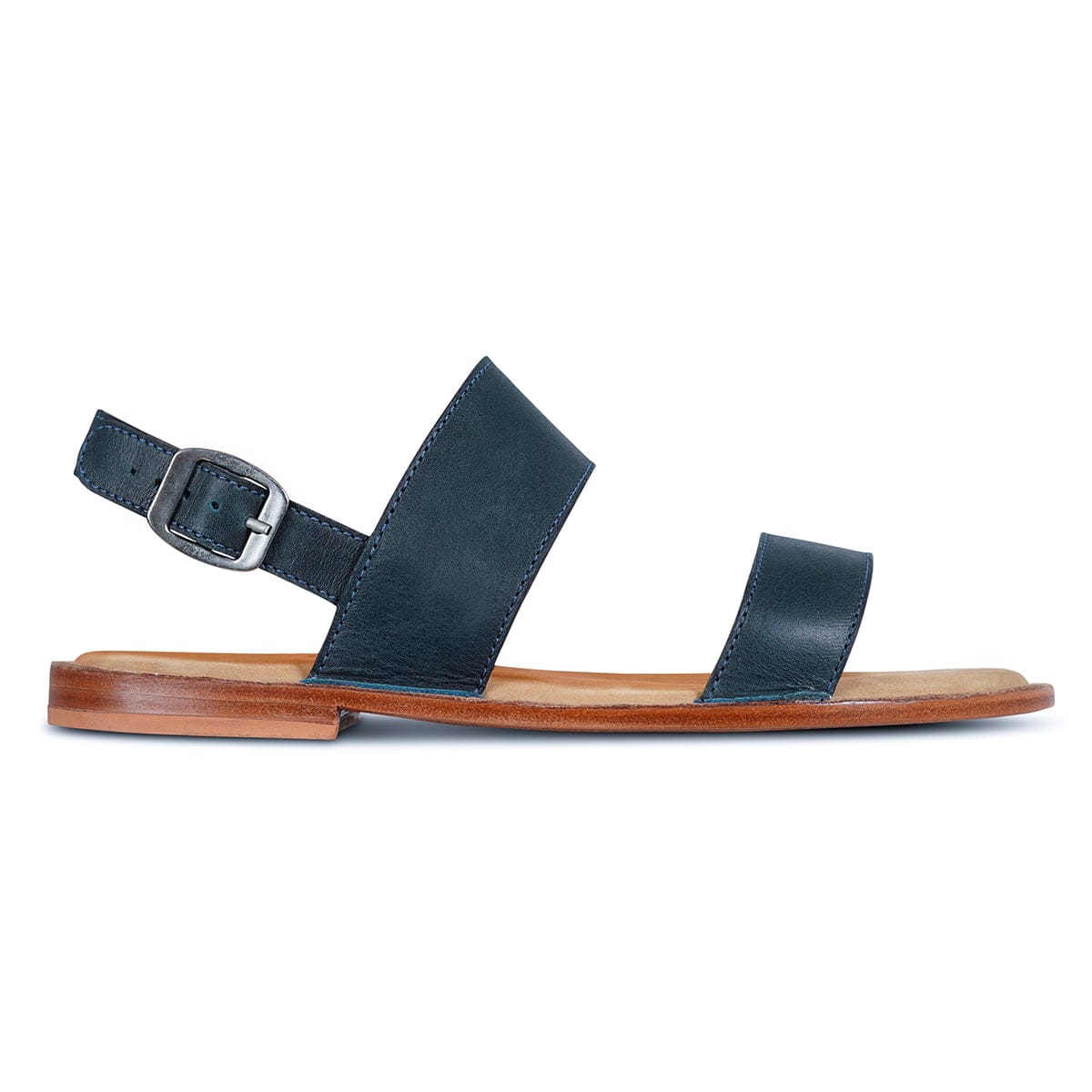 Women's EE wide blue leather sandal, seen from the side. Available in every half size – The Córdoba