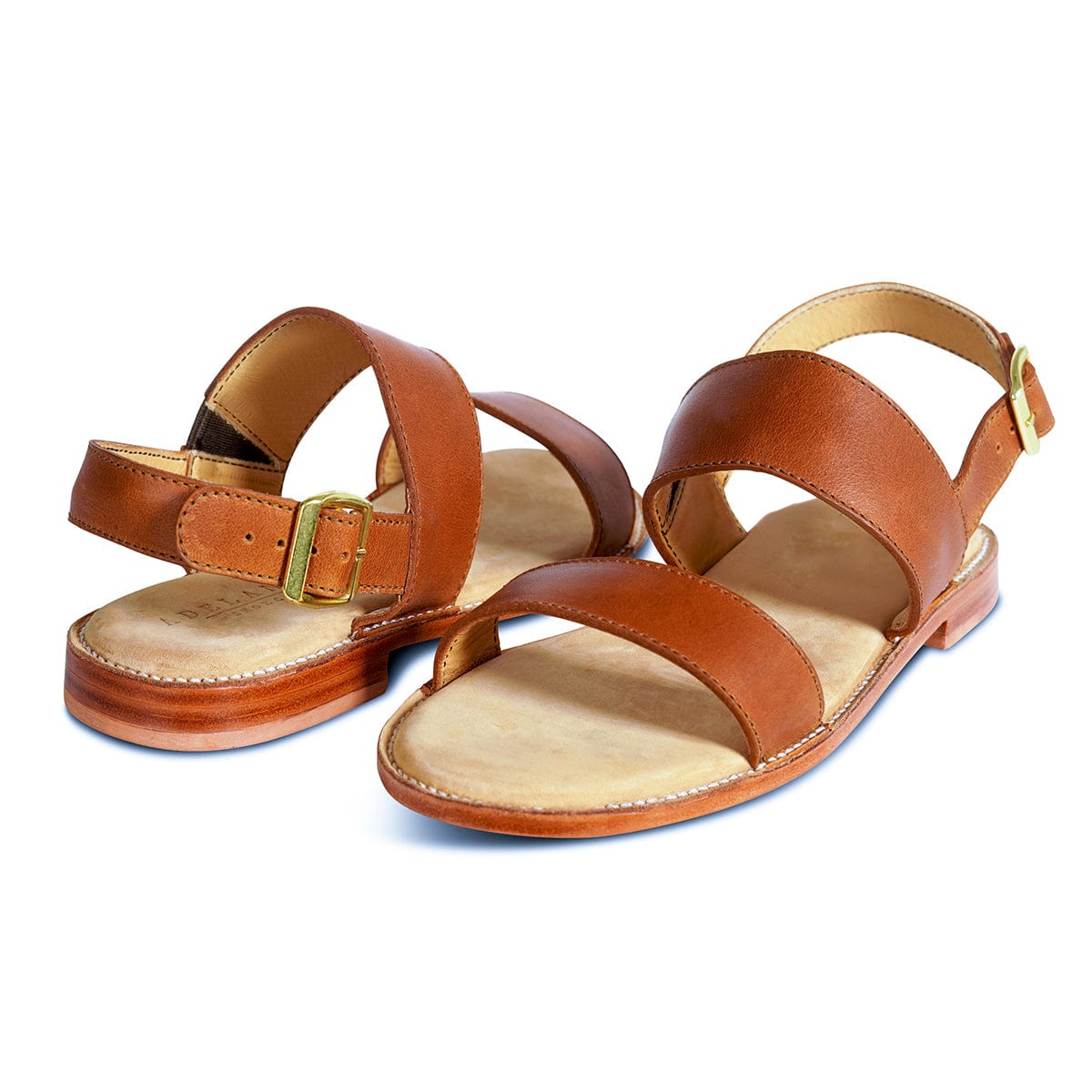 Women's 3E-wide light brown leather sandals, shown at an angle, handcrafted to fit size 6 – The Córdoba