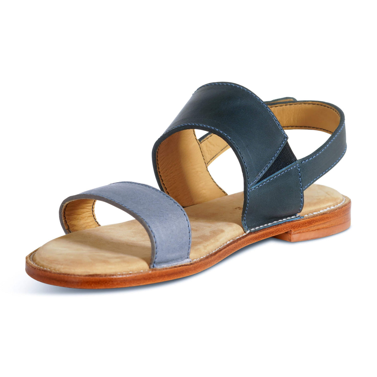 Women's EEE wide blue and gray leather sandal, shown at an angle, a size 5 is no problem – The Córdoba