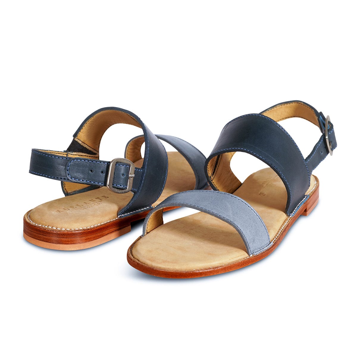 Women's narrow A-width blue and gray leather sandals, shown from the front at an angle. Crafted for wide and narrow feet