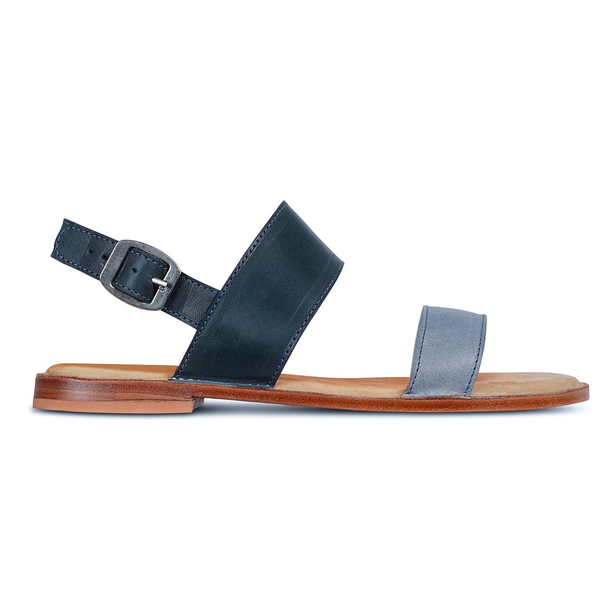 Women's wide blue and gray leather sandal, seen from the side, each pair made to order – The Córdoba