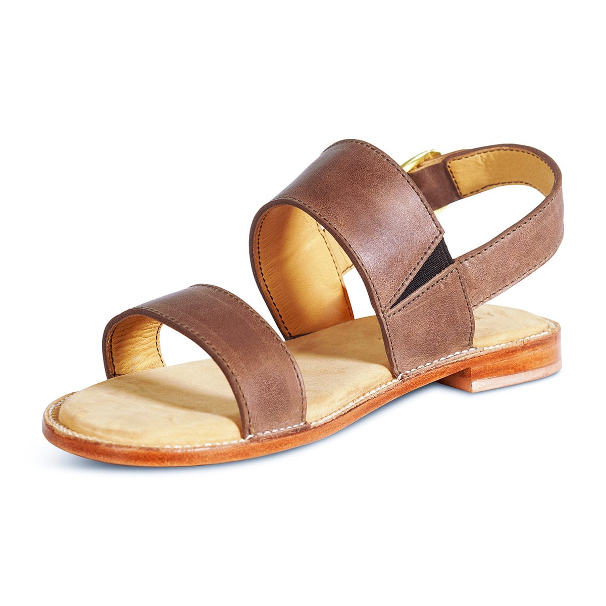 Women's narrow A-width taupe leather sandal, shown from the front at an angle, with split sizing for two different-sized feet