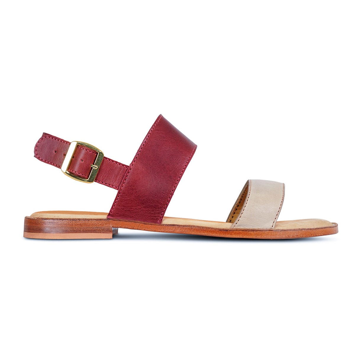 Women's narrow A-width red and cream leather sandal, seen from the side. Handcrafted to order in Guatemala – The Córdoba