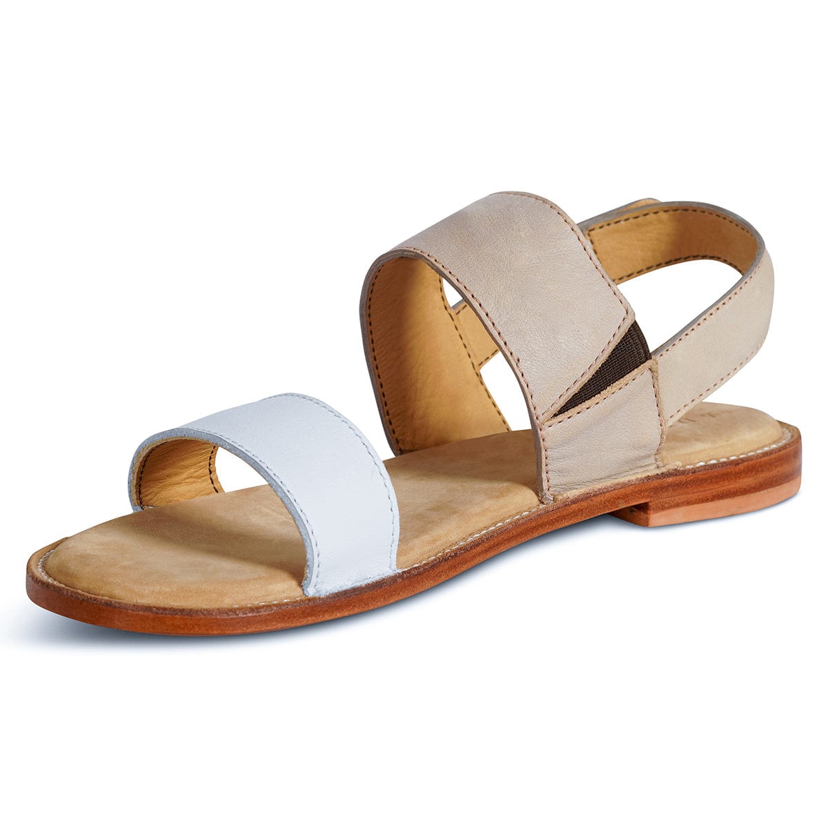Women's 2E-wide cream and white leather sandal, shown from the front at an angle. Custom sizing on request – The Córdoba