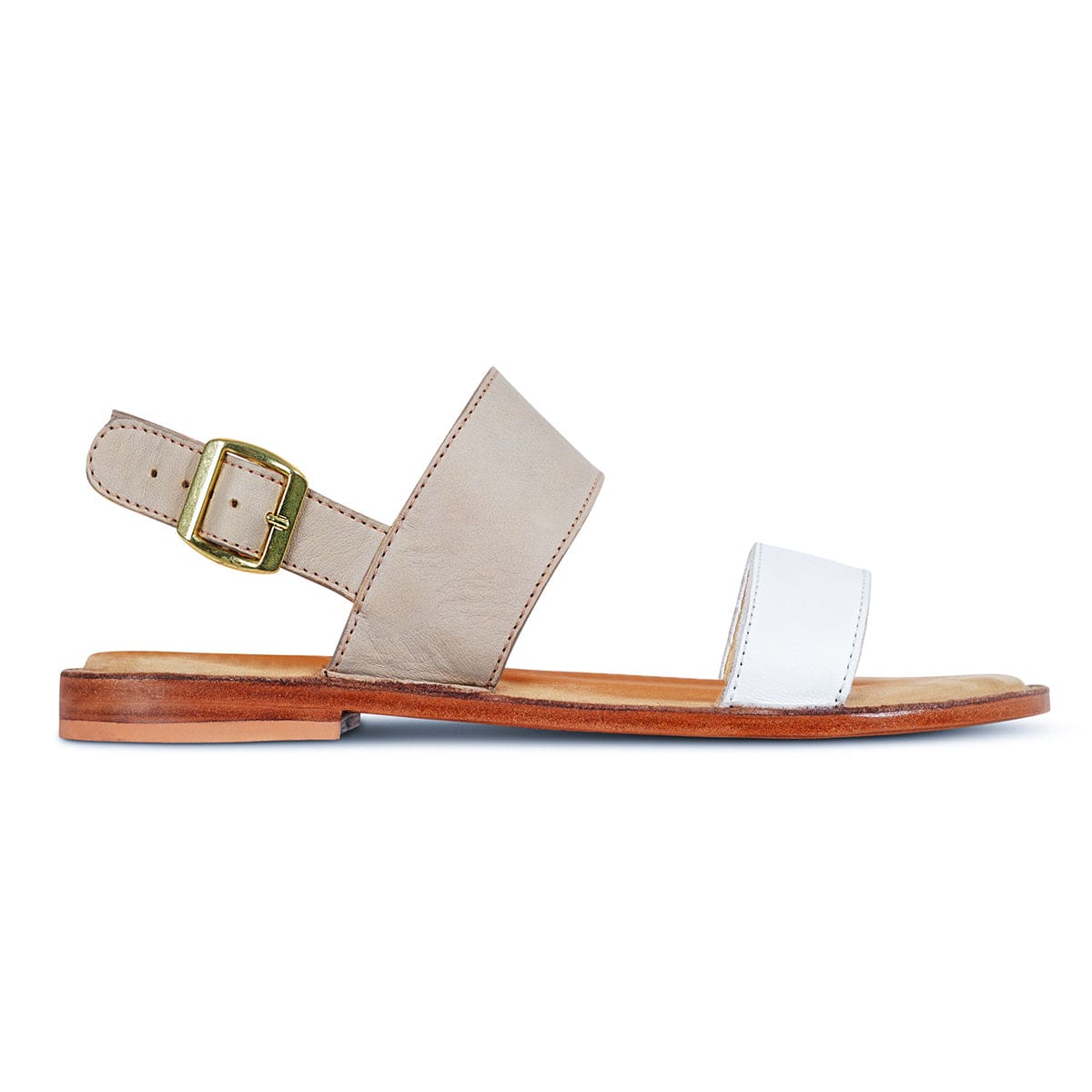 Side view of a women's EE wide cream and white leather sandal, also made for size 14 feet – The Córdoba