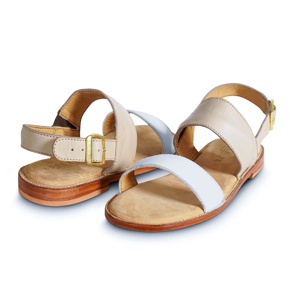 Women's EE wide cream and white leather sandals, shown at an angle, made to order in size 13 – The Córdoba