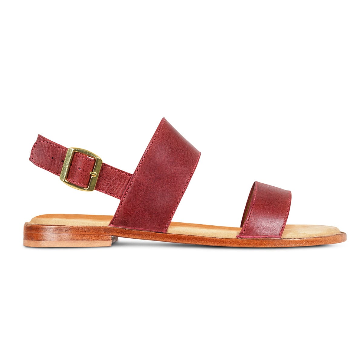 Women's 2E-wide red leather sandal, seen from the side, made to your exact length and width – The Córdoba