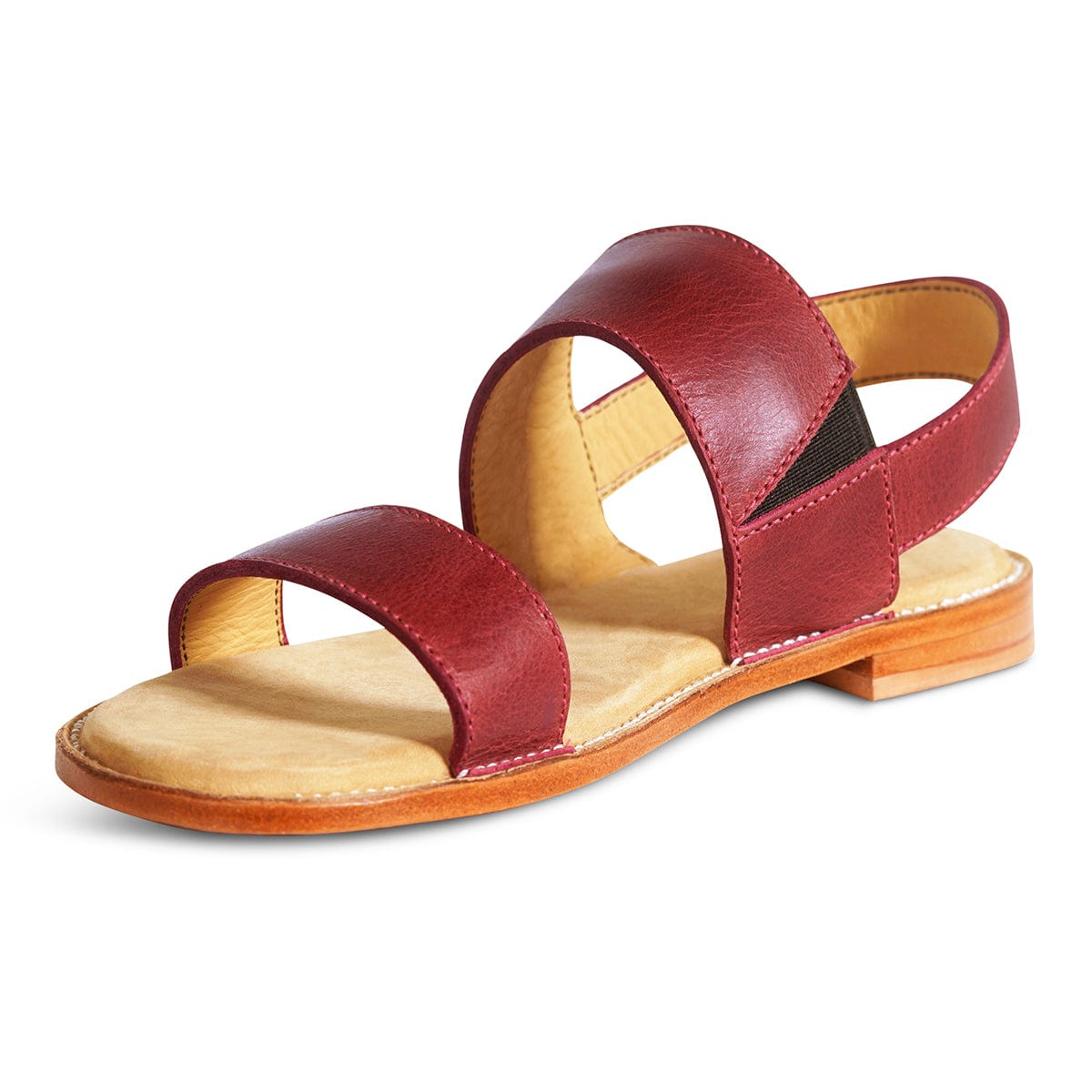 Women's wide red leather sandal, shown at an angle, handcrafted to fit size 12 – The Córdoba