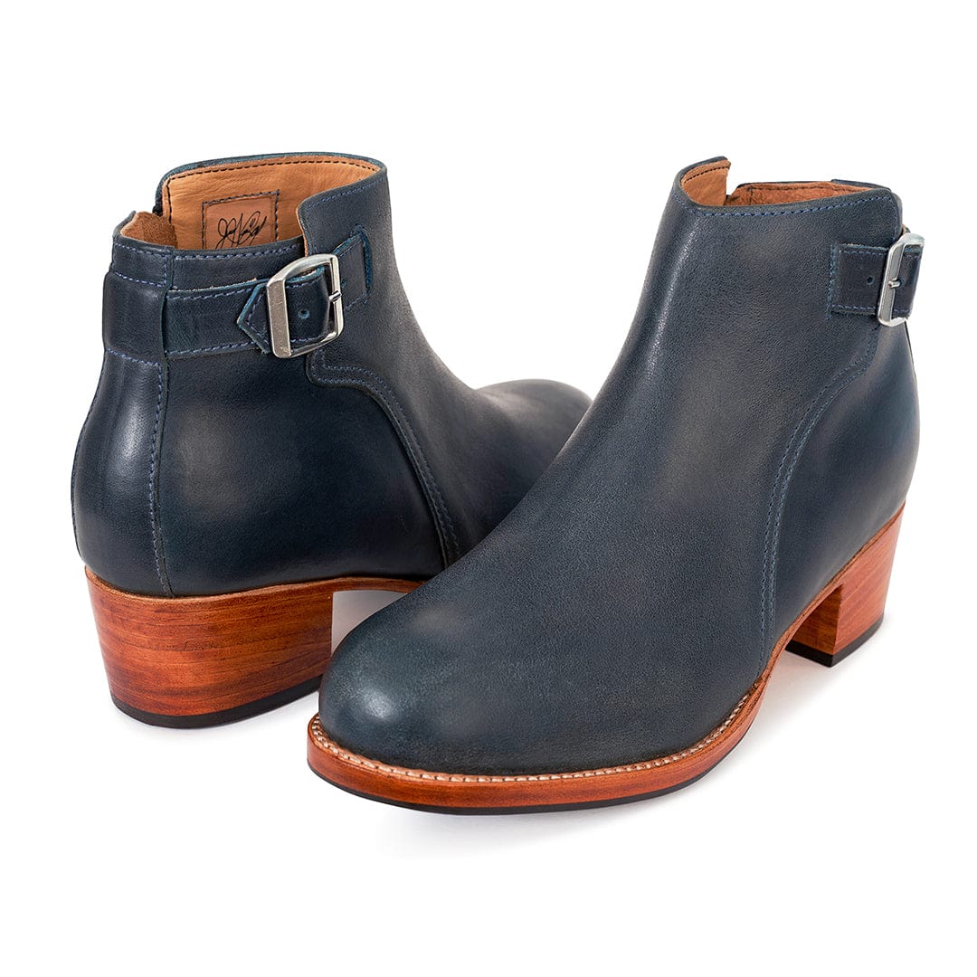 Adelante women's navy buckle booties with block heels and adjustable straps