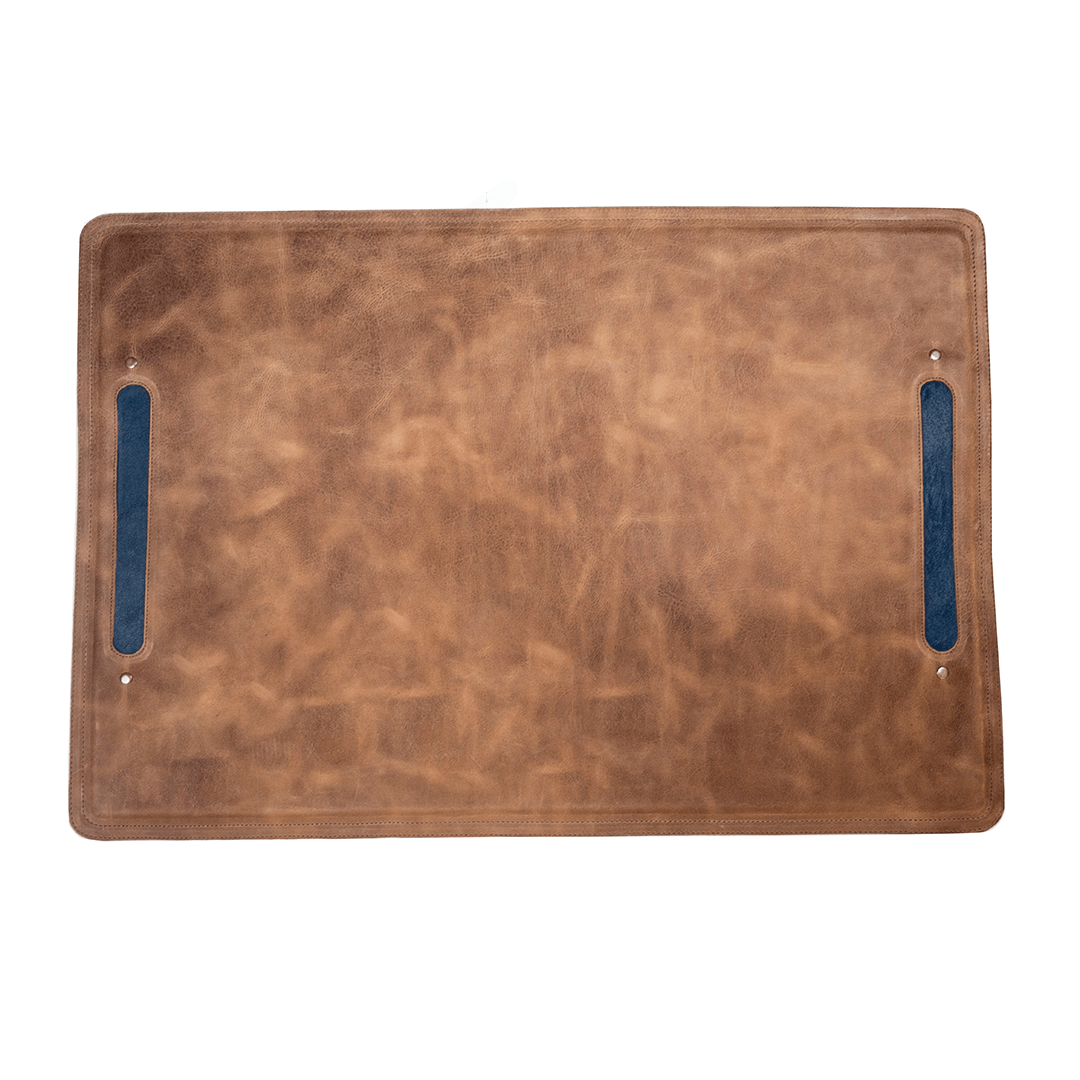 Brown leather desk mat with blue pen slots handcrafted for a personalized desk set