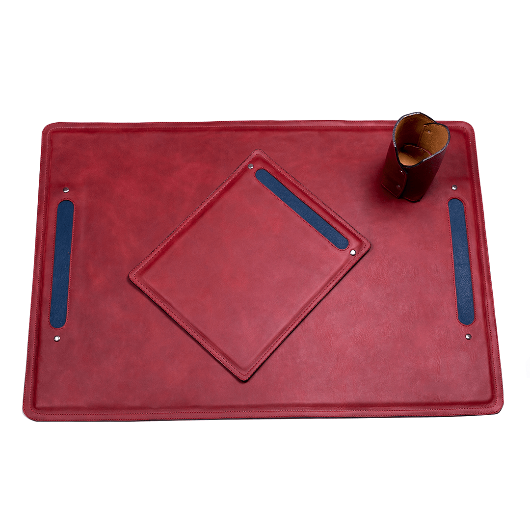 Red leather desk set with a large desk mat, matching mouse pad, and pencil cup handcrafted by Guatemalan artisans