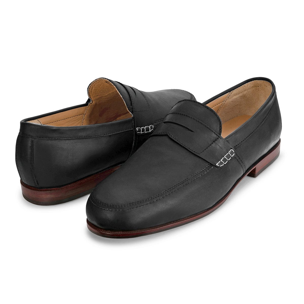 Adelante handcrafted black men's leather dress loafers with stitched apron toes and burgundy soles