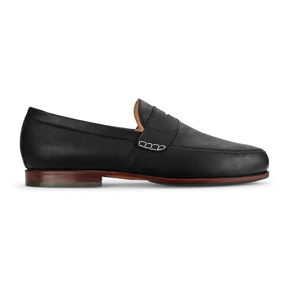 Adelante men's black leather loafer with a decorative metal accent, low stacked heel, and handcrafted construction for a polished dress shoe style