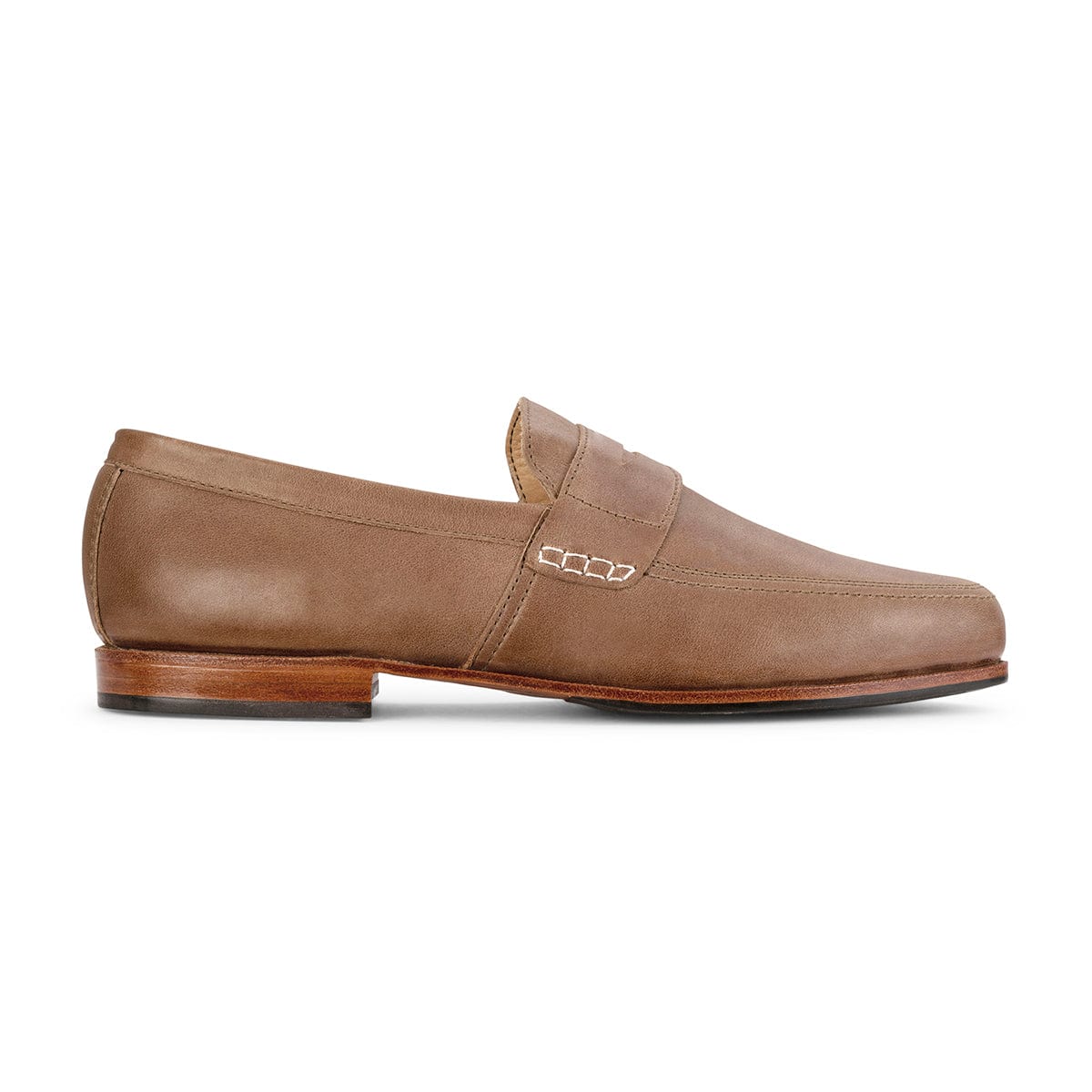 Mens brown leather dress loafer with stitched apron and low heel, handcrafted by Adelante Made-To-Order