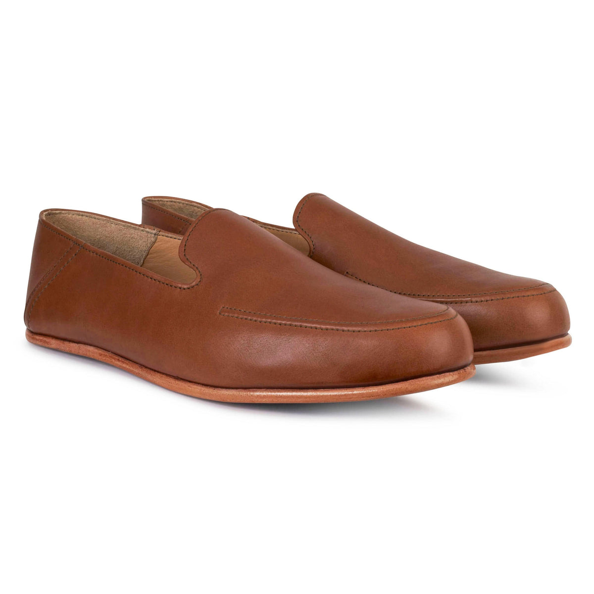 Men's 3E-wide light brown leather zero-drop loafers, shown at an angle – The Tomás