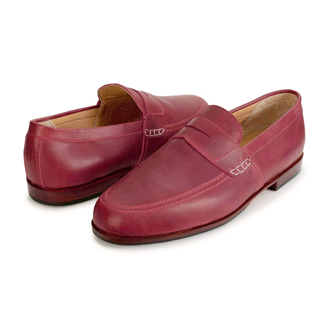Burgundy leather men's loafers by Adelante Shoes with stitched detailing, handcrafted in extended sizes and wide widths
