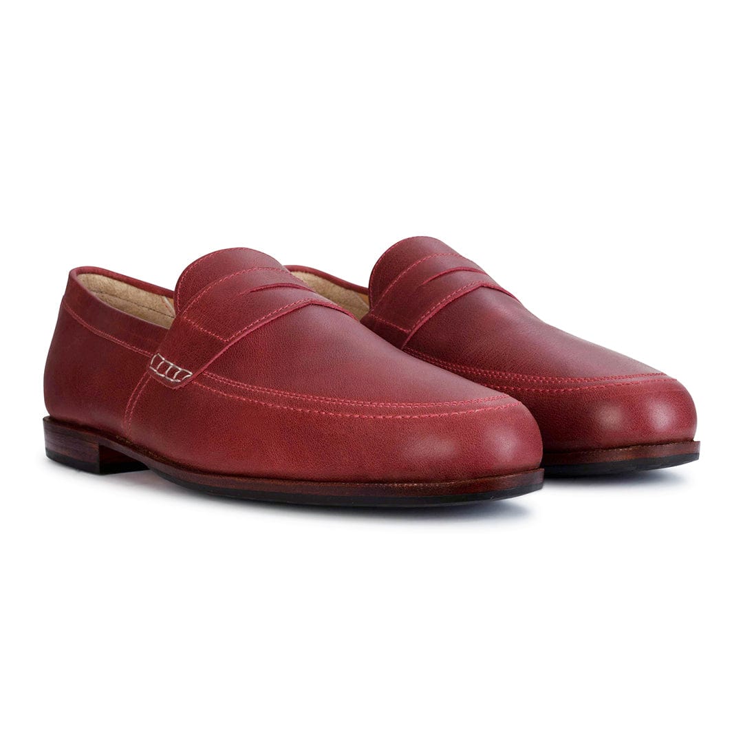 Adelante mens burgundy leather loafers with apron stitching and low stacked heels handcrafted for refined dress style