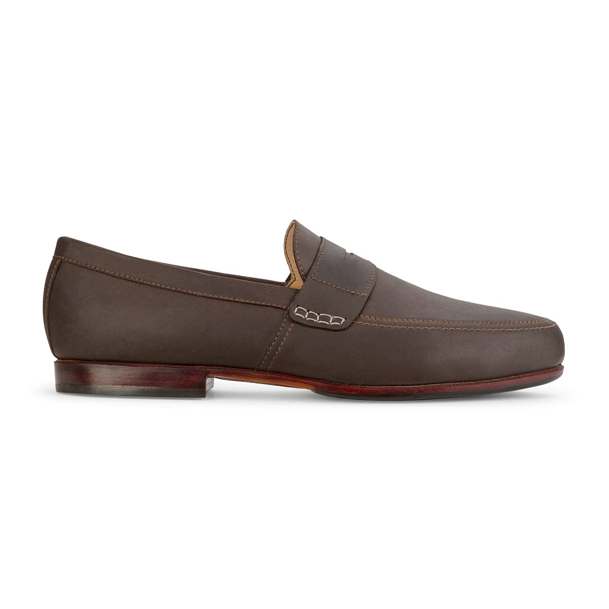 Brown men's leather dress loafer with moc toe stitching, decorative strap, and stacked heel, handcrafted by Adelante Made-To-Order in wide widths