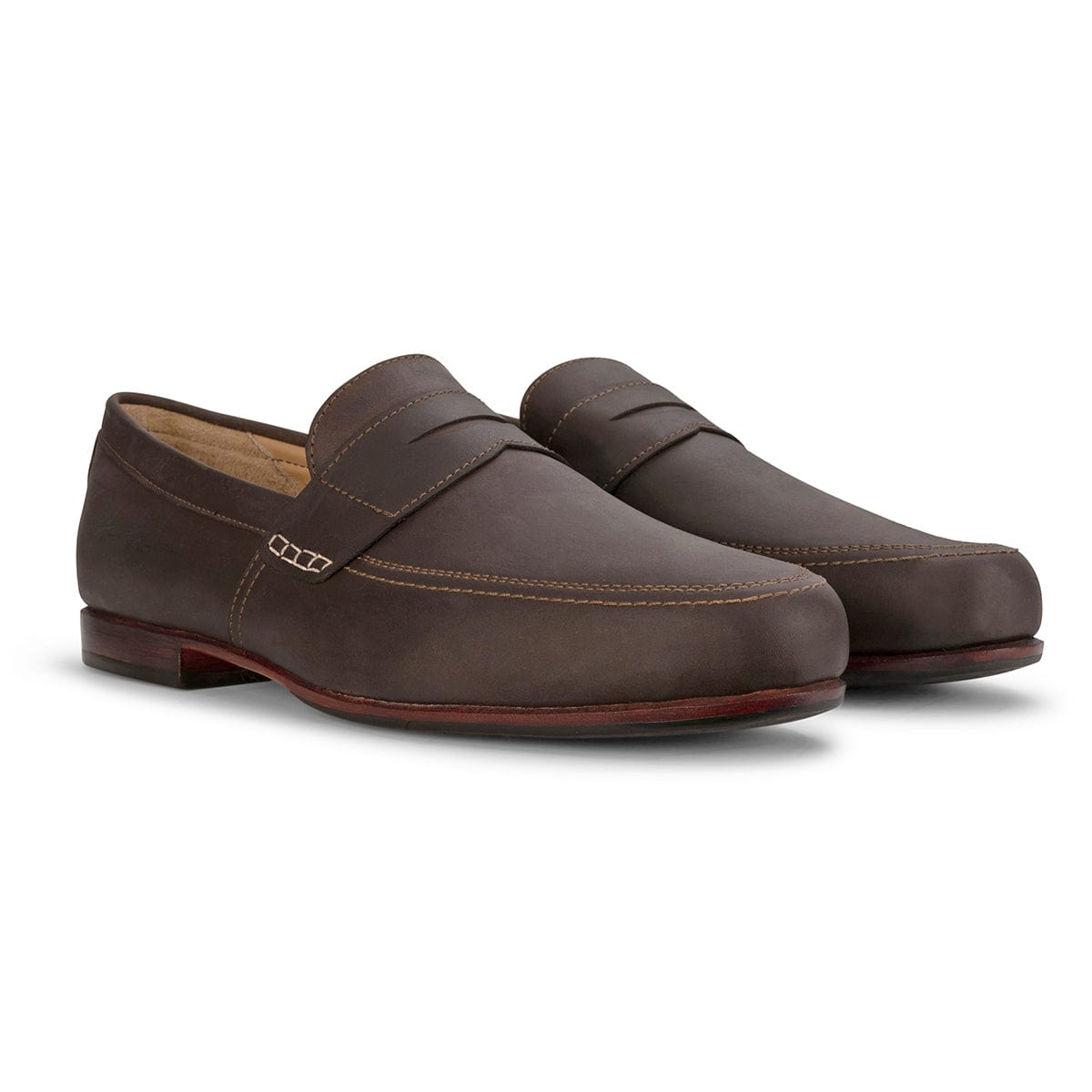Dark brown mens leather dress loafers with moc toe stitching, slip-on design, and low stacked heels by Adelante Shoes