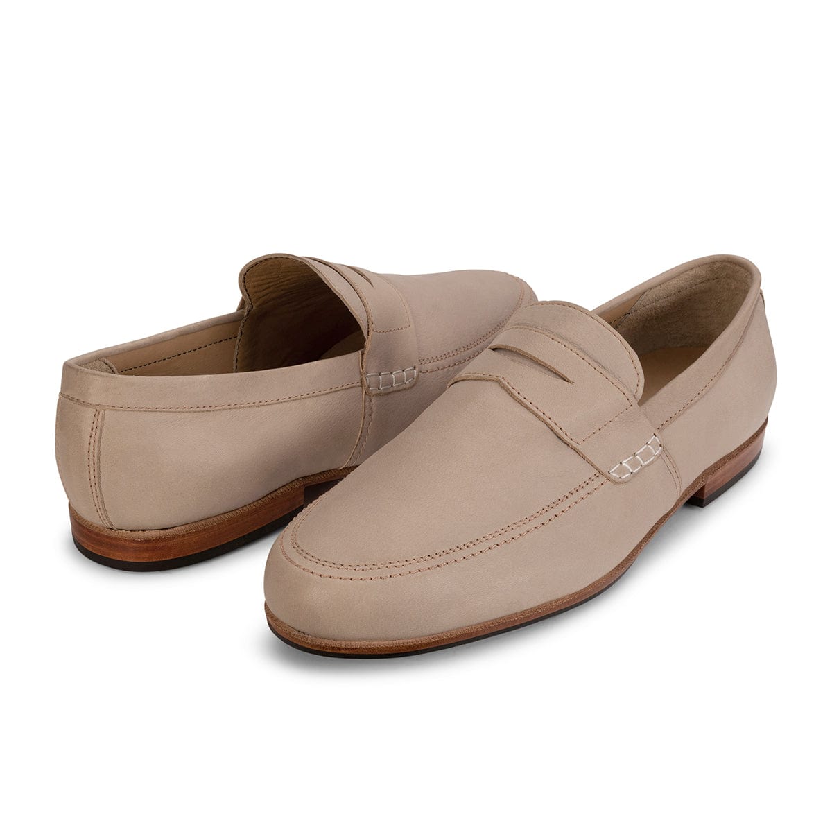 Adelante men's taupe leather dress loafers with penny straps, stitched details, and extended width options for a comfortable fit
