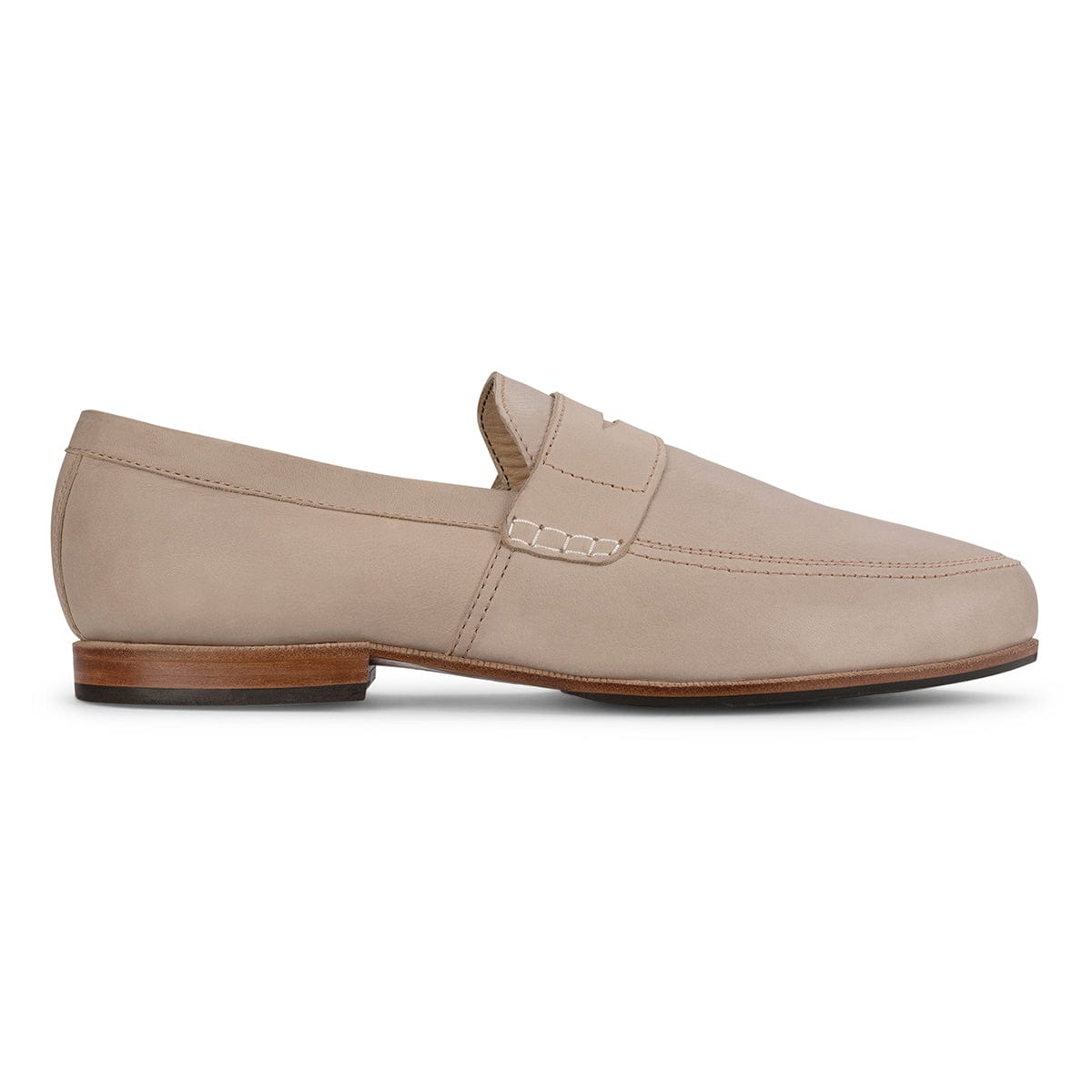 Taupe leather men's dress loafer with apron stitching and a stacked heel, handcrafted by Adelante