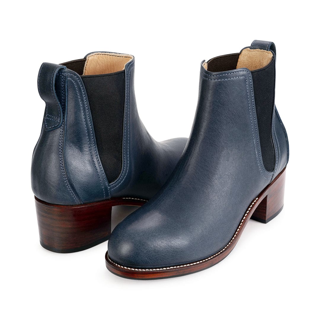 Women's wide blue leather heeled Chelsea boots, shown from the front at an angle. Handcrafted to order in Guatemala – The Catalina