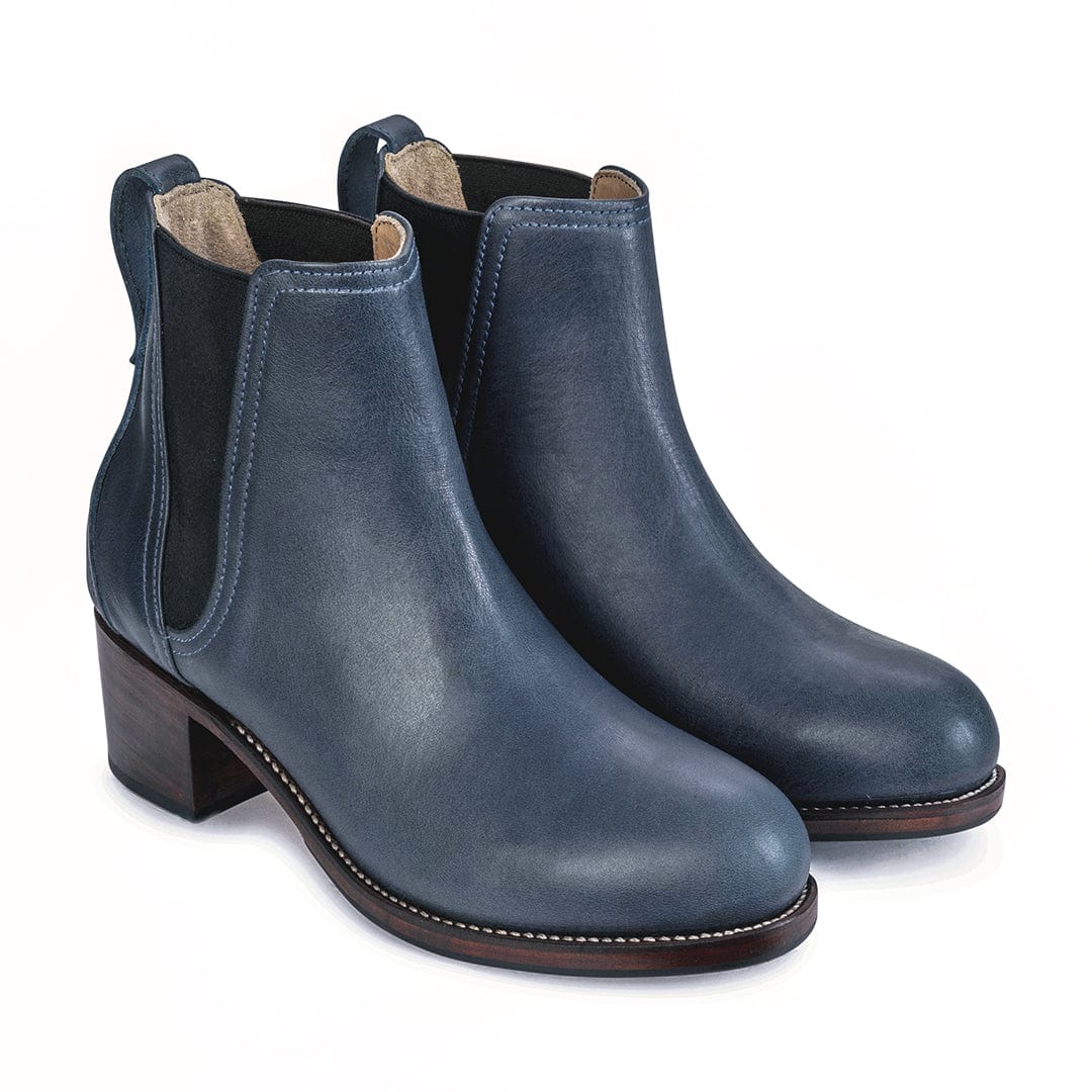 Women's 3E-wide blue leather heeled Chelsea boots, shown at an angle, handcrafted to fit size 14 – The Catalina